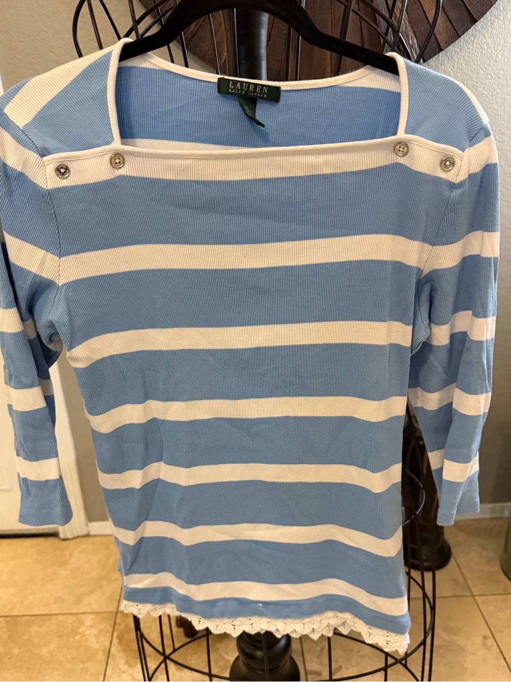 Lauren Ralph Lauren 3/4 Sleeve Striped Lightweight Shirt Blue/ White Lace XL